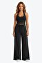 Black Viscose Basic High Waist Wide Leg Lace-Up Women's Trousers - 2