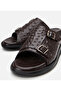 Men's Leather Brown Light Sole Belt Detailed Slippers - 3