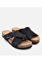 Women's Nubuck Leather Black Belted Flat Slippers - 2