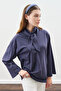 High Neck Tie-Up Blouse Navy Blue - 3