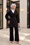 V-Neck Rose Brooch Belted Balloon Sleeve Pleated Elastic Waist Pants Dabıl Suit - Black