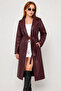 Belted Buttonless Burgundy Faux Leather Long Trench Coat