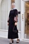 Lace-up Pencil Dress with Embroidered Tulle on the Sleeves - 3