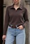 Brown Polo Neck Modal Fabric Blouse Long Sleeve T-Shirt - 3
