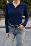 Navy Blue Polo Neck Modal Fabric Blouse Long Sleeve T-Shirt - 3