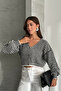 Women's Striped Metal Button Balloon Sleeve Seasonal Cardigan Black - 3