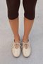 Lotus Women's Shiny Beige Patent Leather Staple Detailed Bow Lace-Up Casual Flat Ballerinas - 7