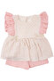 Baby Girl Ecru Pink Ruffled Sleeves, Scallop Bow, Patterned Shorts, Muslin 2-Piece Set - 2