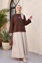 Floral Embroidery Round Neck Loose Combed Cotton Blouse -Brown - 5