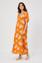 Women's Orange Floral Patterned V-Neck Loose Cut Long Dress - 4