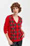 Women's V-Neck Cardigan with Diamond Pattern on the Front, Coral - 7