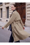 Beige Double-Breasted Collared Belted Women's Trench Coat