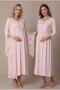 Women's Powder Flounce Sleeve Lace Detailed Long Sleeve Nursing Detailed Maternity Nightgown Set with Dressing Gown