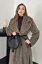 Gray leopard detailed leather belted coat