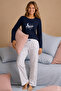 Women's Cotton Navy Blue Long Sleeve Printed Star Patterned Label Detailed Pajama Set - 2