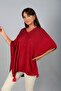 Women's V-Neck Side Button Detailed Vertical Stone Embroidered Pompom Plus Size Poncho - 3