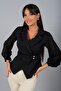 Women's Double-Breasted Collar Transparent Chiffon Sleeves Shiny Buttoned Blouse