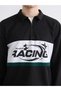 Black Polo Collar Printed Men's Sweatshirt - 3