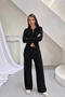 Women's Black Snap Detailed Cardigan High Waist Wide Leg Pants Bottom Top Two-Piece Knitwear Set (S/M) - 3