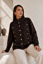 Women's Brown Stand Collar Stripe and Gold Button Detailed Soft Knit Cardigan - 3
