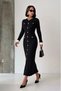 Women's Black Buttoned Crew Neck Ribbed Knit Dress with White Sleeve Detail - 2