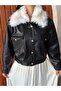 Women's Leather Jacket with Fur Collar Detail - 5