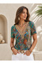 Women's Ethnic Pattern V Lace Collar Short Sleeve Summer Blouse - 2