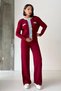 Women's Burgundy Denim Jean Detailed Buttoned Cardigan and Wide-Leg Knitwear Trousers Two-Piece Set (S/M B