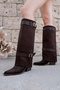 Varena Women's Hat Boots Double Buckle Cowboy Heeled Bitter Brown Suede Boots - 5