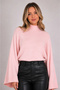 Women's Pink Cotton Spanish Bat Sleeve High Neck Knitwear Sweater - 2