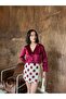 Ruby Burgundy Satin Shirt Mosaic Square Patterned Lace Shorts Skirt - 4