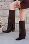 Raven Women's Bitter Brown Heeled Western Cowboy Suede Studded Trousers Boots - 3