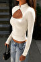 Women's Stand Collar Cut Out Button Detail Long Sleeve Stretch Fabric Crop Blouse - 2