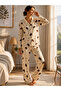 Women's Coffee Cup Patterned Front Buttoned Shirt Collar Long Sleeve Pajama Set - 3