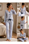 Women's Blue Patterned Long Sleeve Pajama Set – Comfortable Top and Bottom Loungewear with Bow Detail - 2