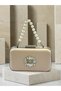 Skin Color Striped Satin Silver Detailed Crystal Stone Chain Strap Women's Evening Dress Bag Wedding Engagement Graduation - 3