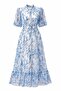 95% Cotton Blue Floral Patterned Belted Balloon Sleeve Maxi Premium Dress