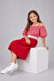 Girl's Off-Shoulder Strappy Checkered Blouse and Belted Red Skirt Set - 3