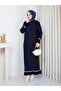 White Stripe Stone Detailed Knitwear Dress Navy Blue - 2