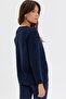 Women's Crew Neck Knitted Rose Embroidered Short Wool Cardigan Navy Blue - 3
