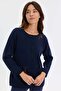 Women's Crew Neck Knitted Rose Embroidered Short Wool Cardigan Navy Blue
