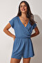 Wrap Collar Short Knitted Jumpsuit with Shorts Lub0026 Indigo Blue