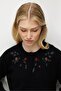 Women's Crew Neck Side Knit Embroidered Wool Cardigan Black - 2