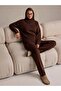 Women's Brown Turtleneck Oversize Knitwear Sweater Elastic Waist Pants Top and Bottom Set - 5