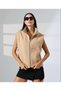 Women's Camel Knitwear Collar Detailed Zipper Closure Lined Boucle Vest Padded Zero Sleeve Shoulder Short Length - 4