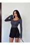 Women's Anthracite Slit Spanish Sleeve Long Sleeve Diver Fabric Blouse - 4