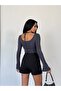Women's Anthracite Slit Spanish Sleeve Long Sleeve Diver Fabric Blouse - 3