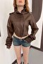 Women's Corset Detailed Biker Crop Leather Jacket