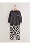 Children's Smiley Printed Anthracite Sweatshirt and Checkerboard Patterned Sweatpants Set