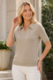 Women's Short Sleeve Polo Collar Diamond Patterned Cotton Perforated Openwork Stylish Elegant Casual Beige Knitwear Blouse - 2